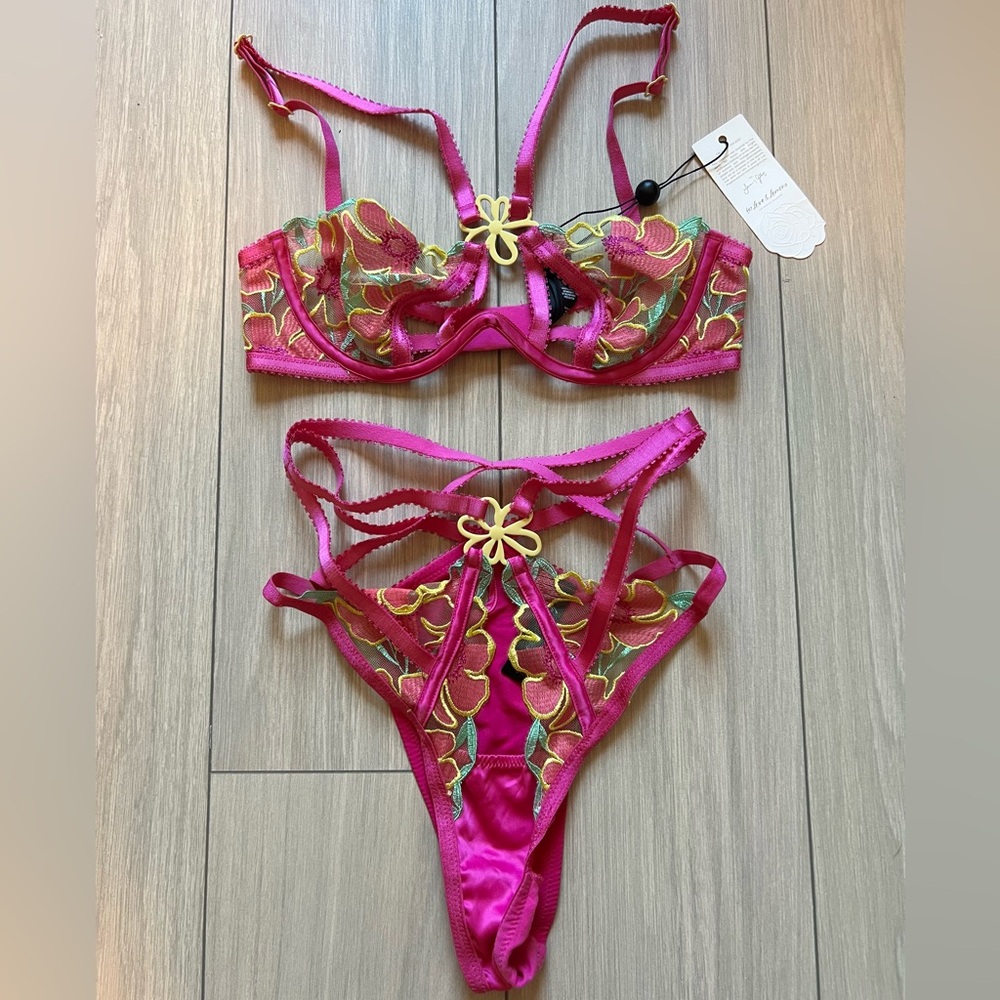 For Love And Lemons Pink and Yellow Floral Lingerie Set XXS